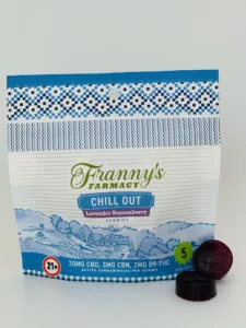 Franny's Farmacy - Chill Out 5pk front of package with 2 gummies in front of package